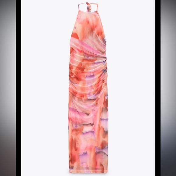 Zara Dresses & Skirts - Zara Pink Tie Dye Mesh Halter Ruched Bodycon Midi Dress